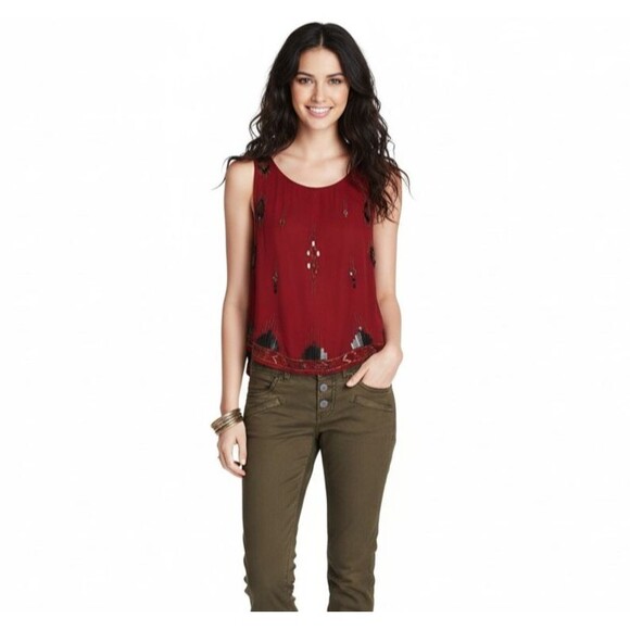Free People Maroon Flutter Tank M Aztec Sequin Coachella Open Sides - Picture 1 of 9
